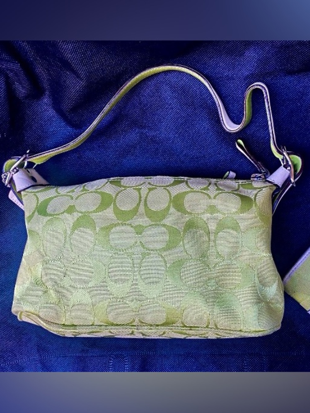 COACH Hampton Semi Demi Baguette Shoulder Bag Canvas Lime-Green Leather trim Y2K